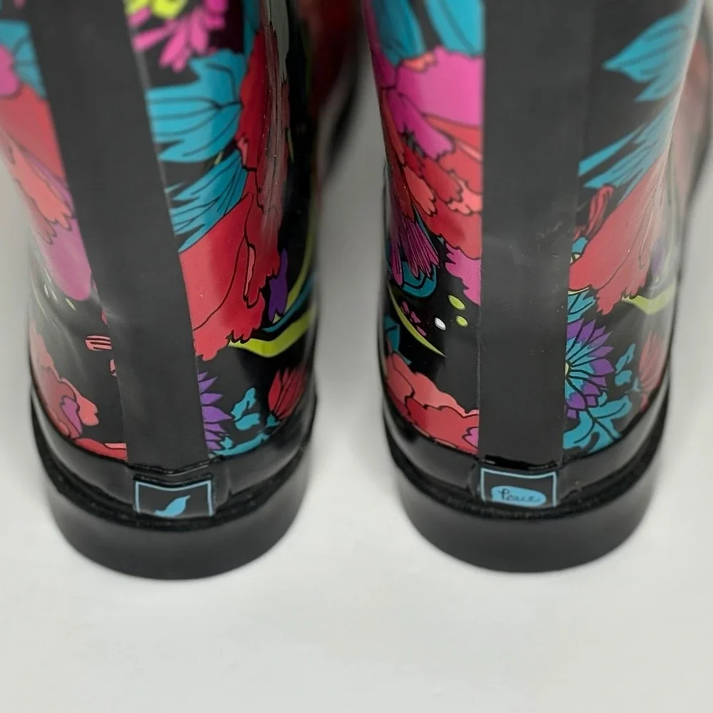 Sackroots Rhythm rainboot floral pattern, fleece‎ lining, mid calf, Sz 8, women,